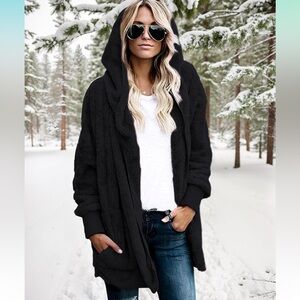 Black cardigan Sherpa faux fur jacket sweater hoodie soft fluffy open front cute